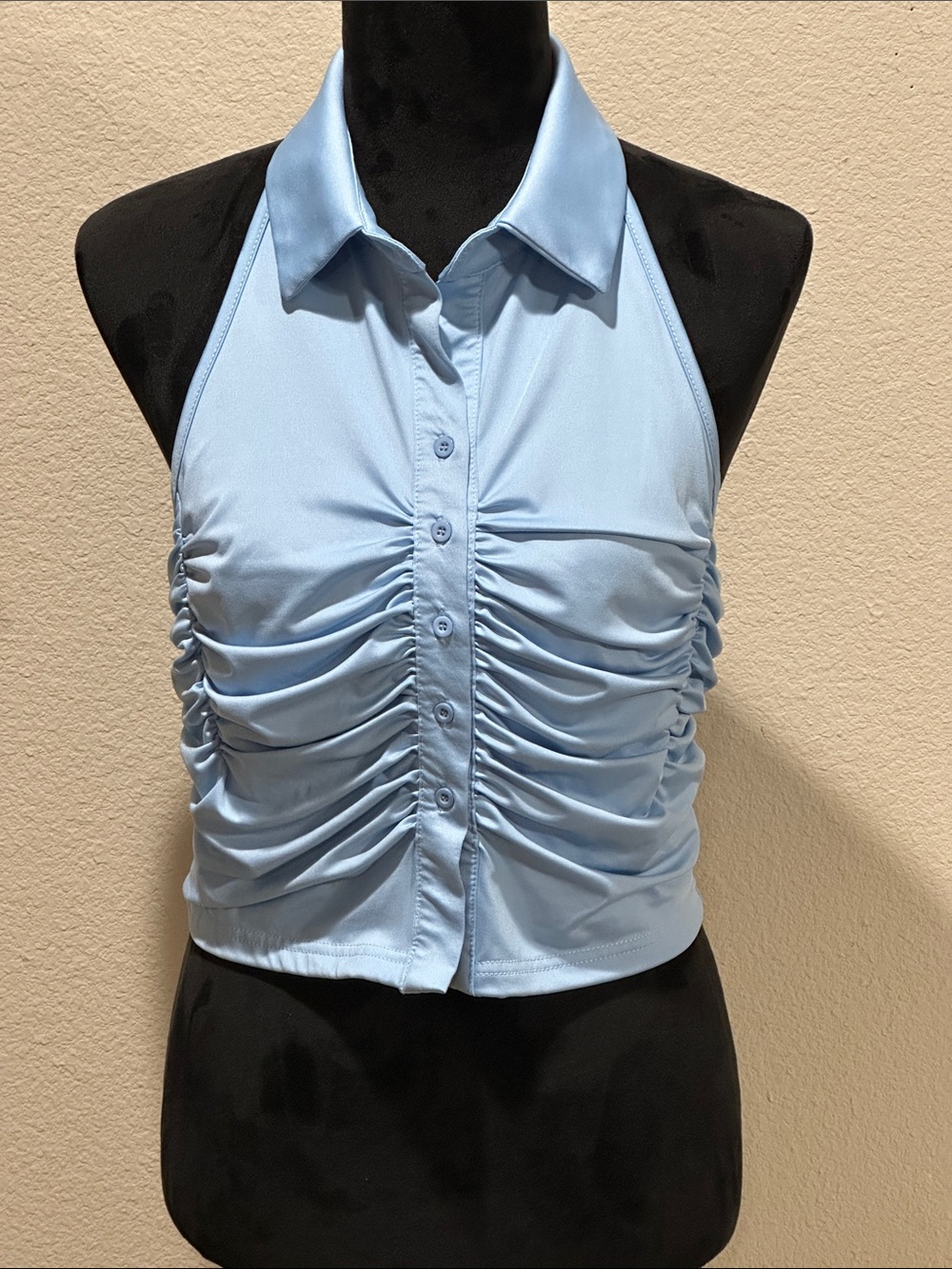 Light Blue Ruched Halter Collared Crop Top
